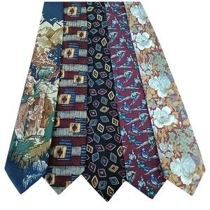 Lands End 5 Silk Ties Men's Hand Sewn In USA Floral Abstract Fishing Skiing Tie